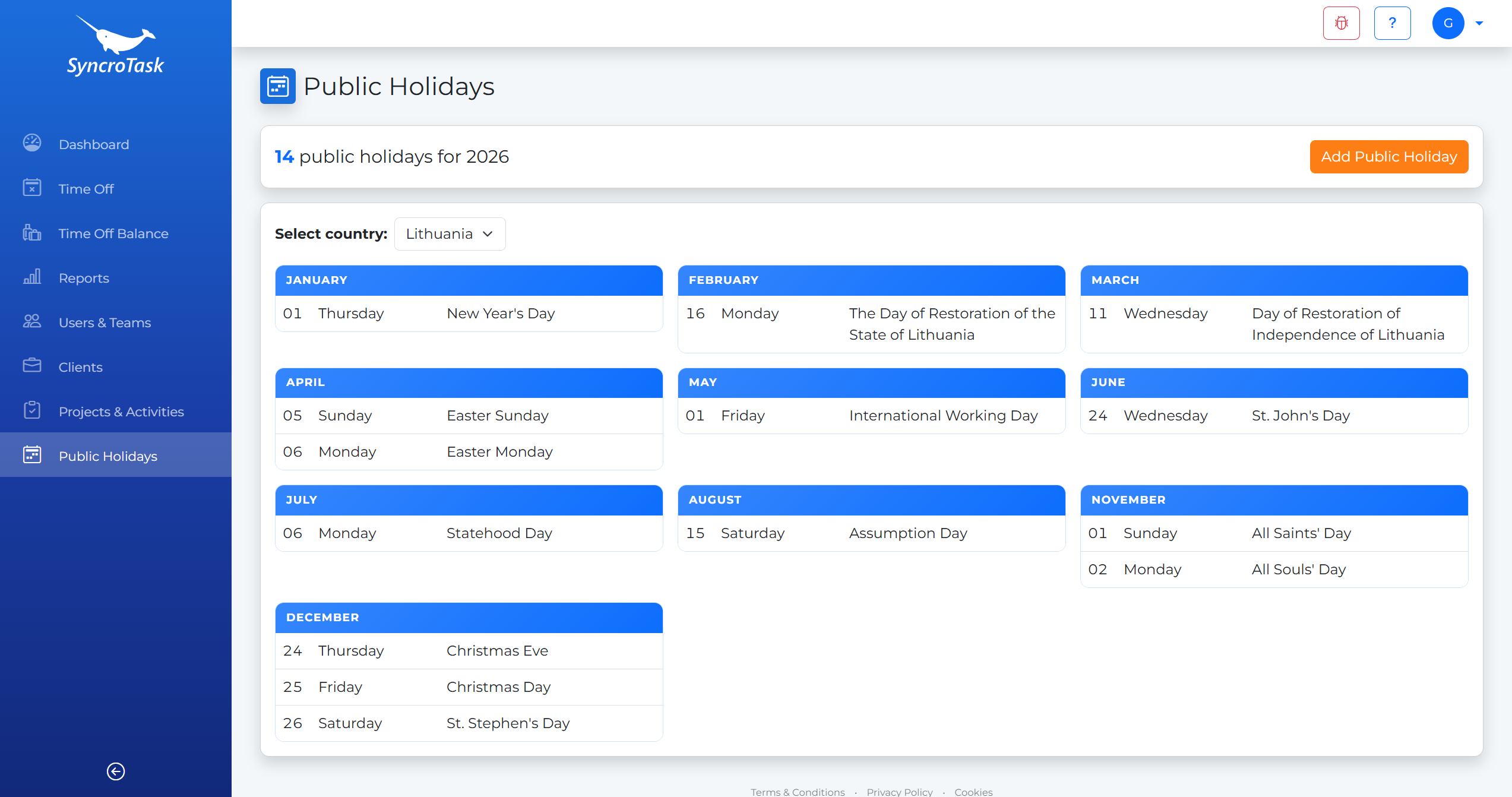 Public Holidays calendar